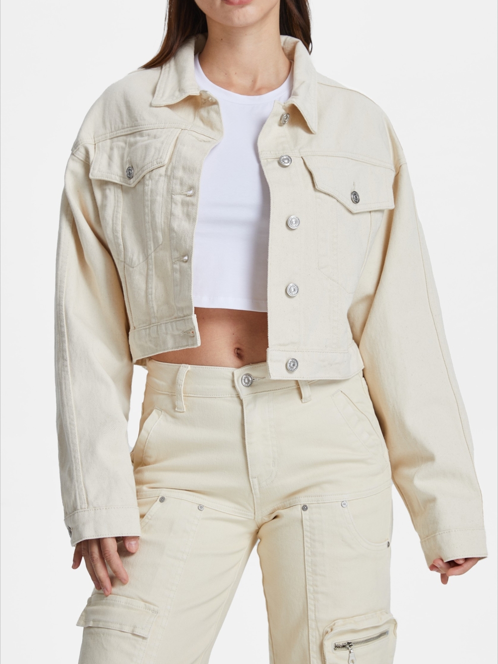 Bayeas Cropped Cream Denim Jacket - Women